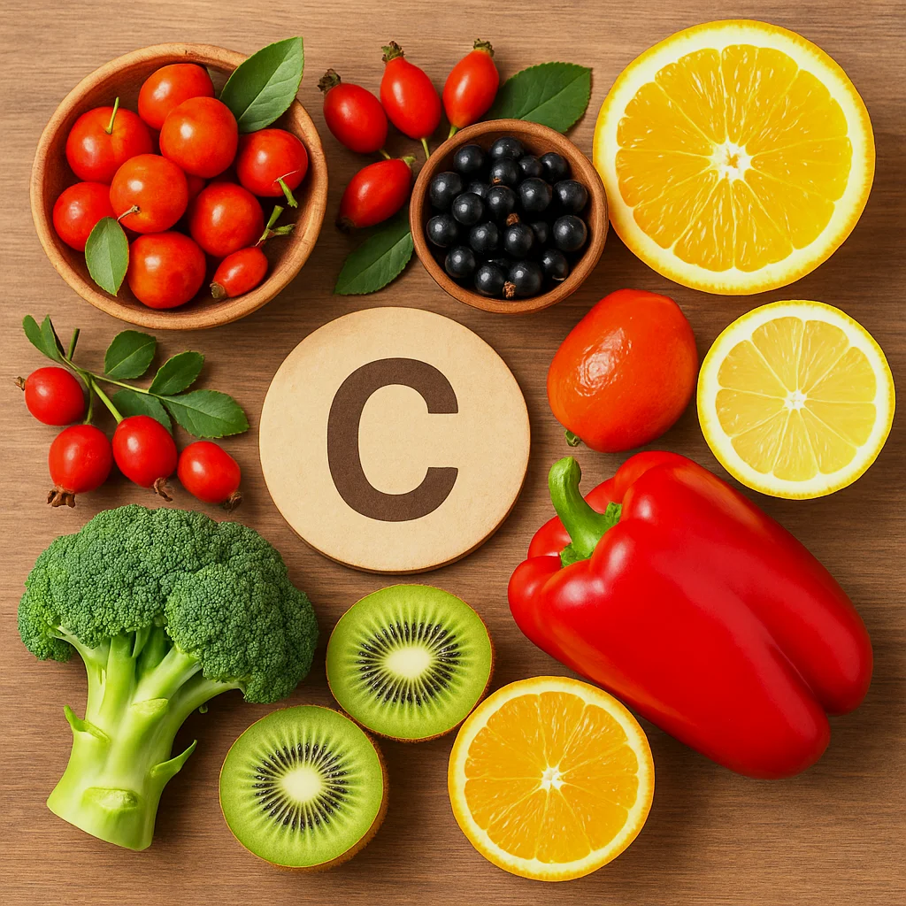 Verschiedene vitamin-C-reiche Lebensmittel, darunter Orangen, Zitronen, Kiwis, Hagebutten, schwarze Johannisbeeren, Paprika, Brokkoli und Acerolakirschen, arrangiert um ein rundes Schild mit dem Buchstaben „C“.