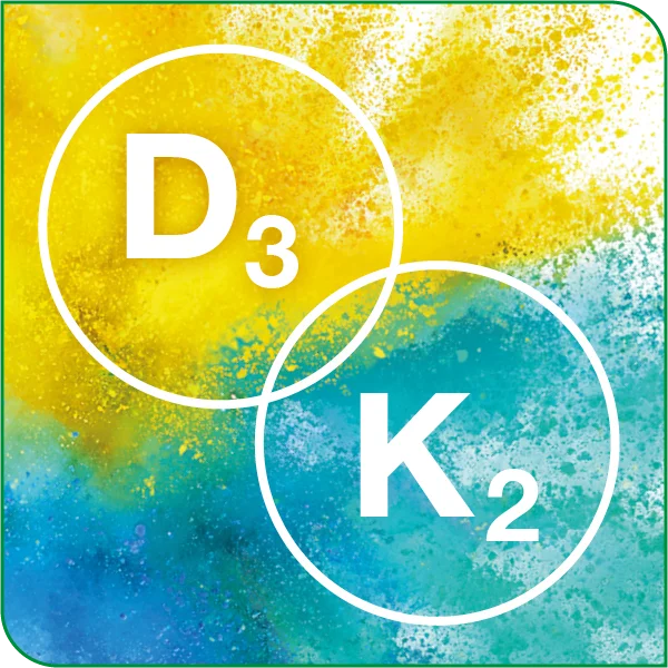 Grafische Darstellung von Vitamin D3 und Vitamin K2 als gelb-türkises Pulver.