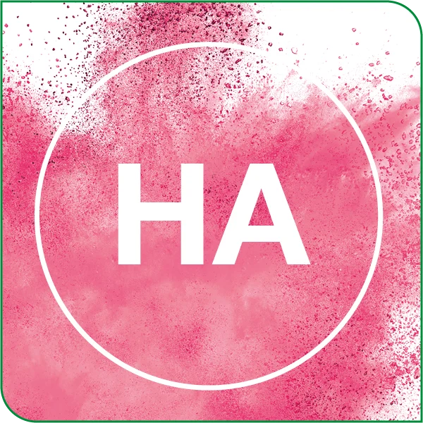 Grafische Darstellung von Hyaloronsäure als rosa Pulver.