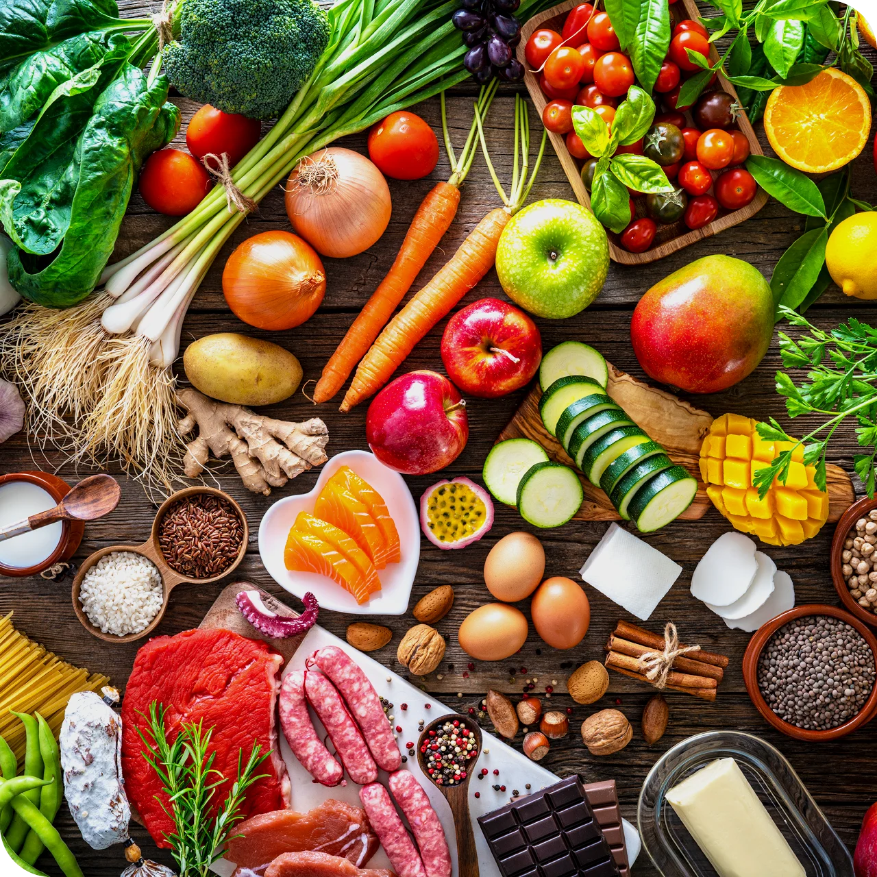 Frische Karotten, Äpfel, Zucchini, Mango, Eier und Nüsse – nährstoffreiche Lebensmittel für gesunde Gelenke.