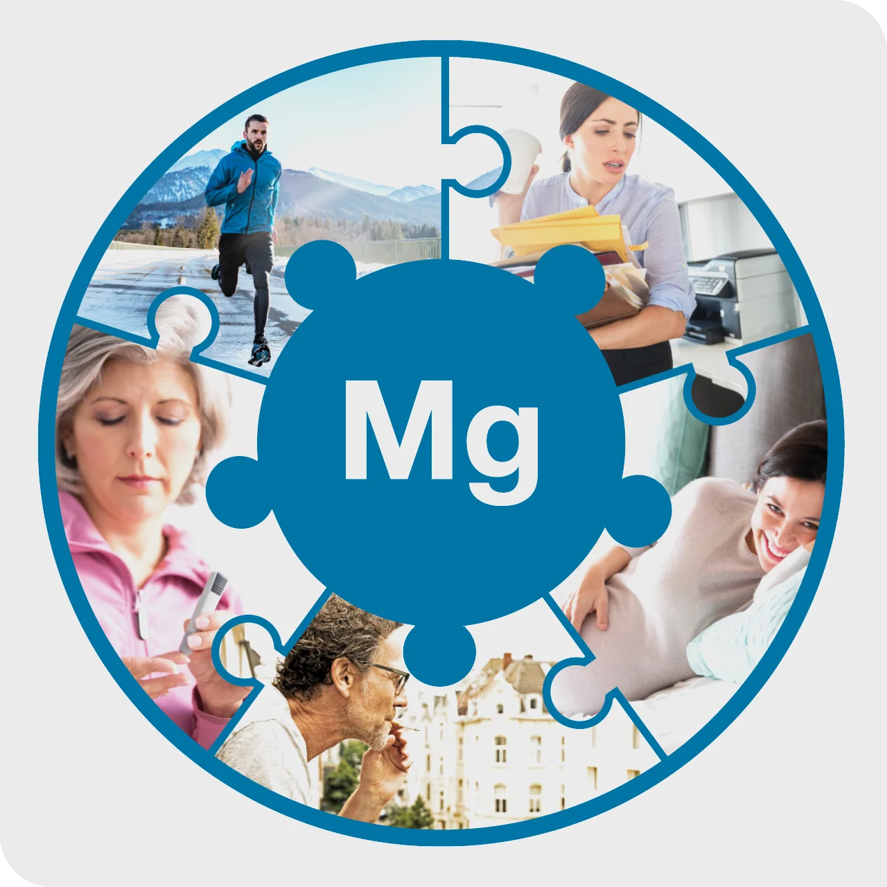Grafik eines Puzzles mit Magnesium (Mg) im Zentrum. Die Puzzleteile zeigen verschiedene Alltagssituationen, darunter Sport, Stress, Entspannung, Konzentration und Wohlbefinden.
