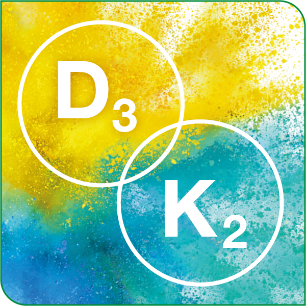 Grafische Darstellung von Vitamin D3 und Vitamin K2 als gelb-türkises Pulver.