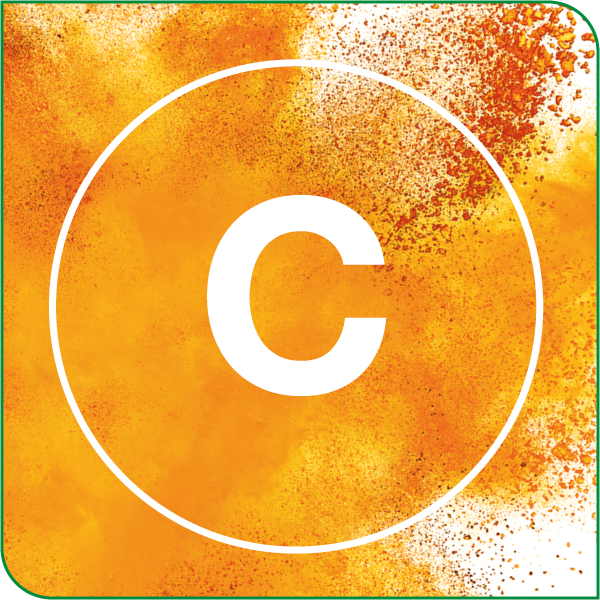 Grafische Darstellung von Vitamin C als oranges Pulver.