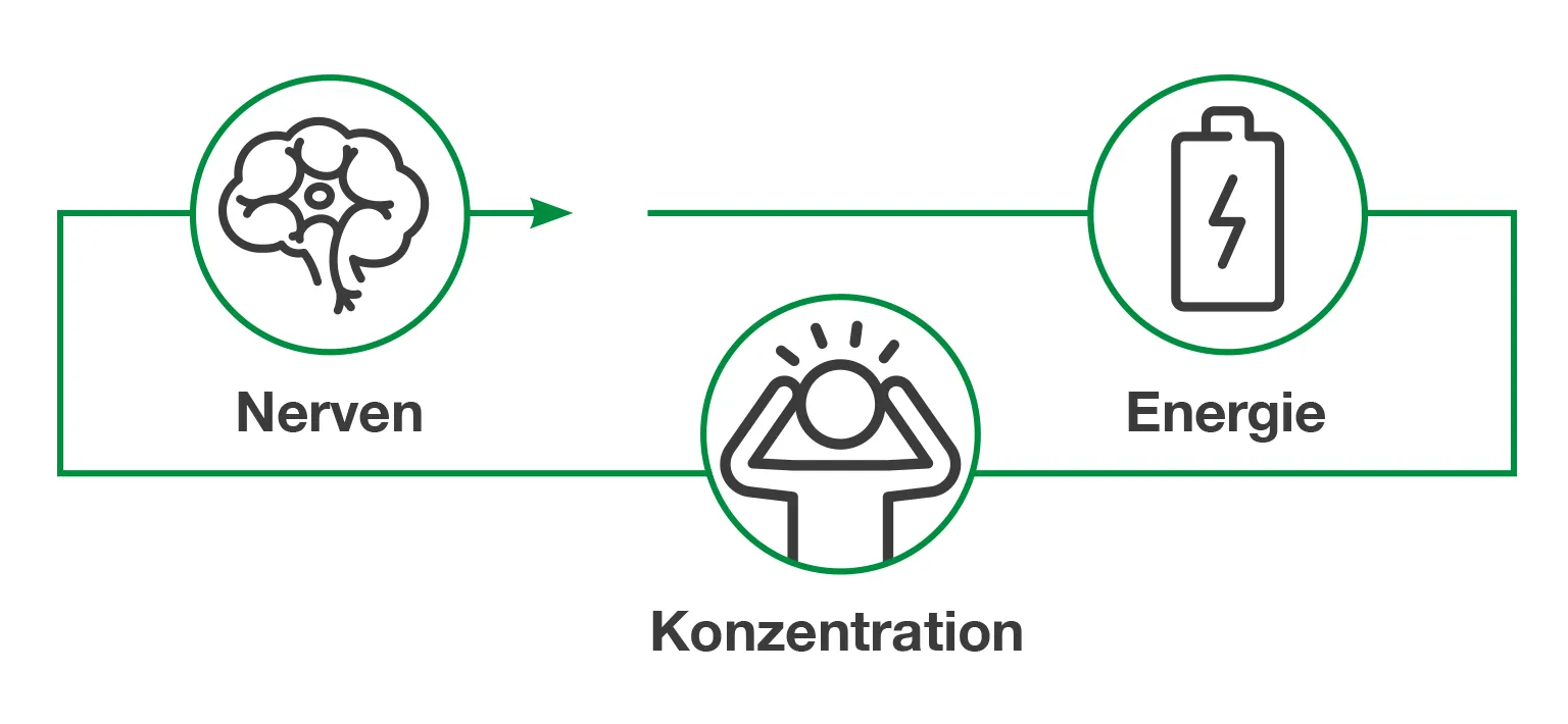 Infografik mit drei Symbolen: ein Gehirn steht für Nerven, eine Person mit strahlendem Kopf für Konzentration und eine Batterie für Energie. Die Grafik zeigt den Zusammenhang zwischen Nerven, Konzentration und Energie bei der Wirkung des Vitamin-B-Komplexes.