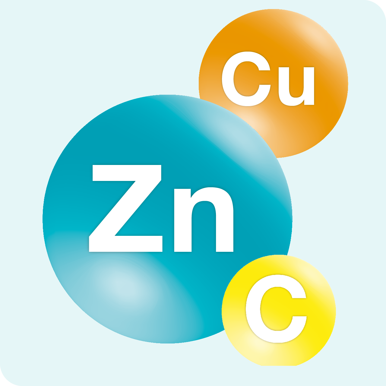 Illustration der Mikronährstoffe Zink, Kupfer und Vitamin C mit den Symbolen Zn, Cu und C.
