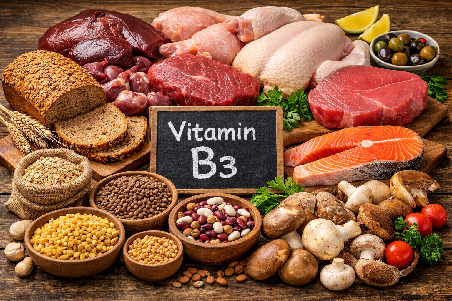 Vitamin B3 Lebensmittel: Fleisch, Fisch, Vollkornprodukte, Hülsenfrüchte und Pilze