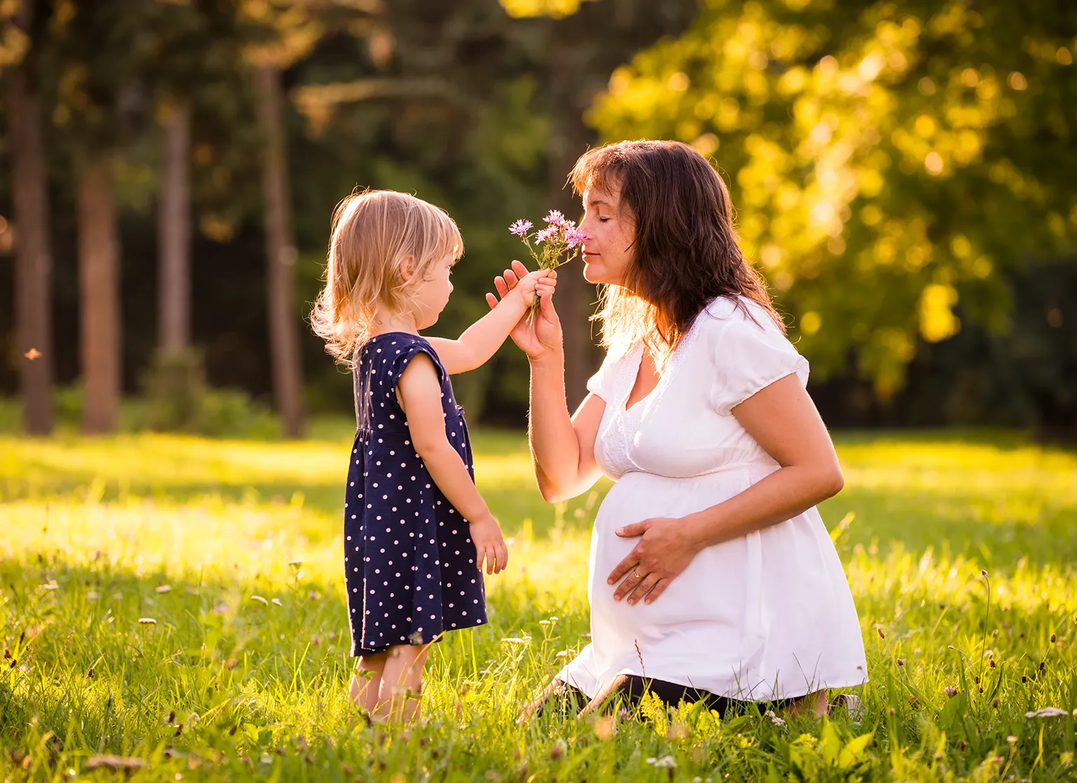 Schwangere Frau kniet im warmen Sonnenlicht auf einer Wiese, hält liebevoll ihren Bauch und riecht an einer Blume, die ihr ein kleines Kind reicht – Darstellung der Bedeutung von Foläure (Vitamin B9) für Schwangerschaft und frühe Entwicklung.